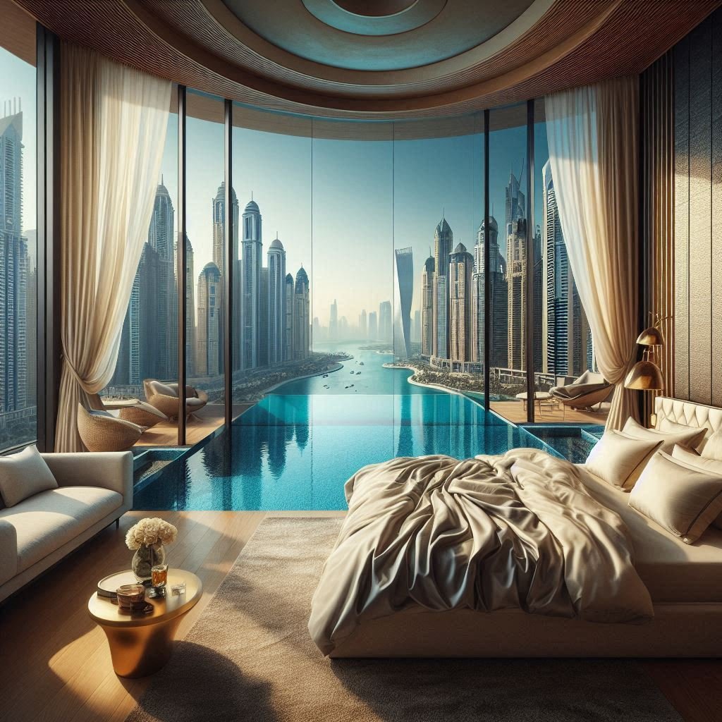 Dubai hotel with private pool overlooking the city skyline