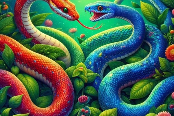 Opposite snakes showcasing contrasting colors and behaviors