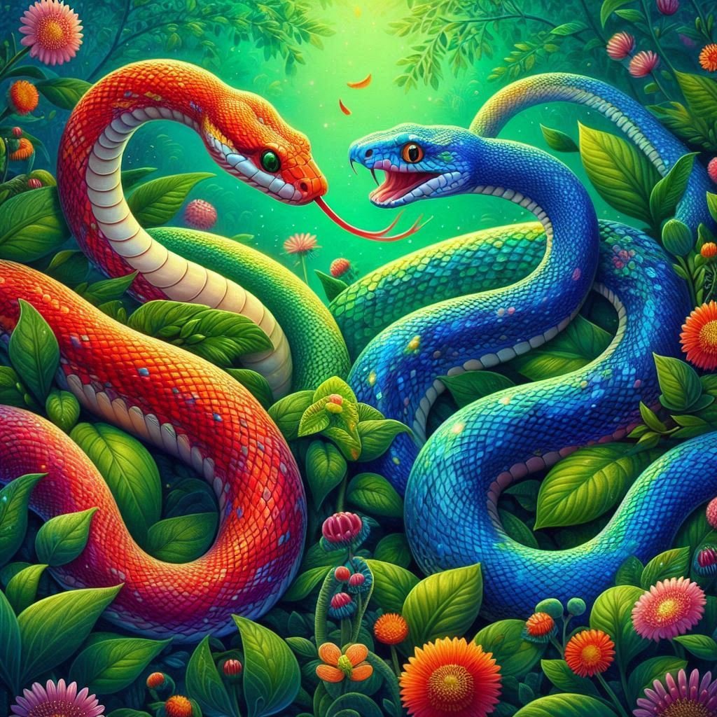 Opposite snakes showcasing contrasting colors and behaviors