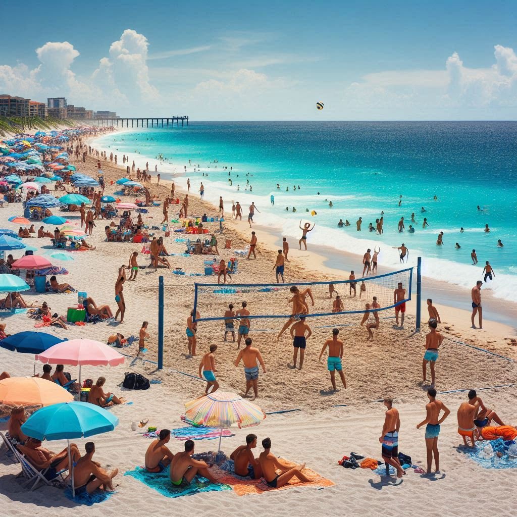 Serene view of Helen Doria Beach with calm waters of Lake Michigan and lush greenery.