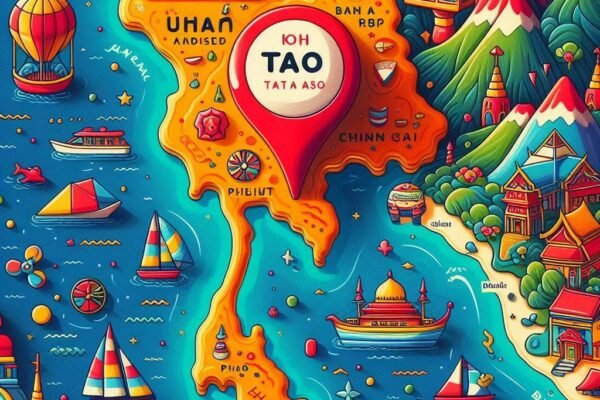 A map highlighting Koh Tao, a small island in Thailand, with surrounding geographic features.