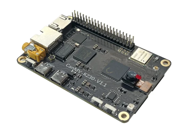 A visual representation of the CANMV K230 IDE interface with coding elements and edge computing devices.