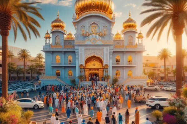 Exterior view of the Las Vegas Gurdwara, showcasing its vibrant architecture and welcoming entrance