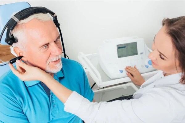 A person with Eustachian tube dysfunction comfortably watching a movie in a theater.