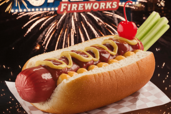 Red Ruby Hotdogs Salute Firework event with fireworks display and hotdogs.