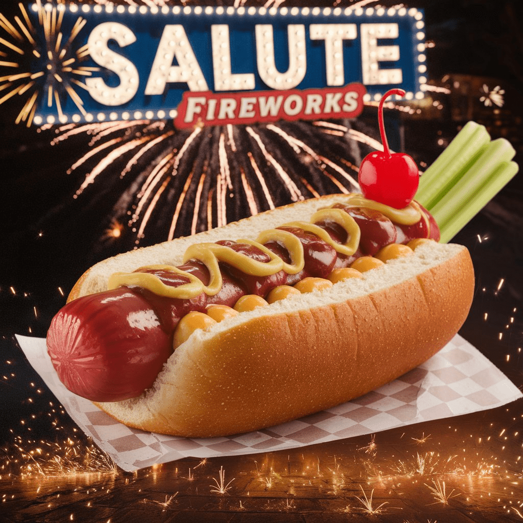 Red Ruby Hotdogs Salute Firework event with fireworks display and hotdogs.