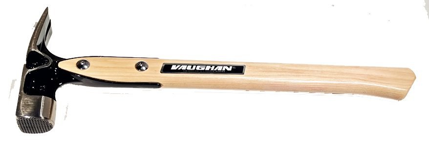 Dalluge hammer with a titanium head and wooden handle, showing its ergonomic design.