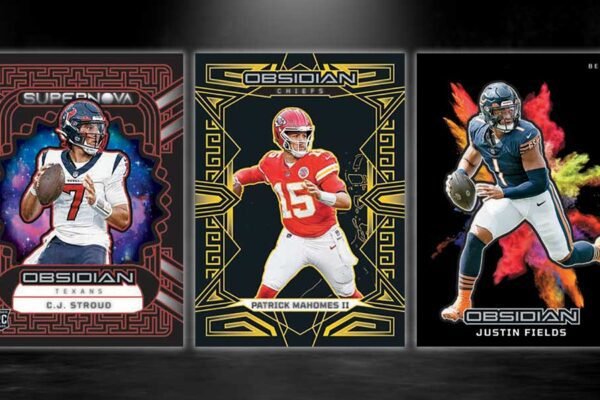 A detailed view of the 2023 Obsidian Football Checklist featuring rare NFL card inserts, autographs, and parallels.