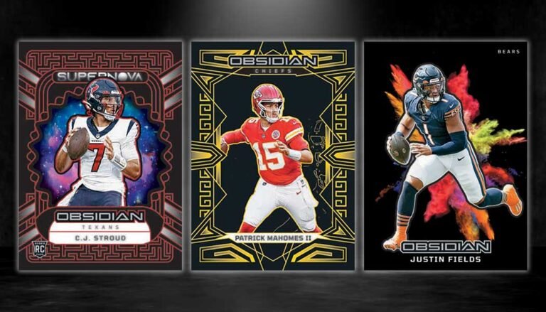 A detailed view of the 2023 Obsidian Football Checklist featuring rare NFL card inserts, autographs, and parallels.