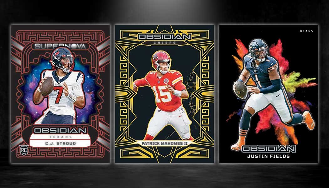 A detailed view of the 2023 Obsidian Football Checklist featuring rare NFL card inserts, autographs, and parallels.