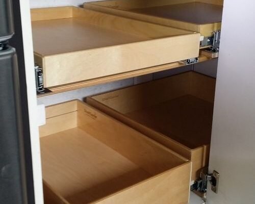 A sleek, modern blind corner cabinet organizer optimizing kitchen storage.